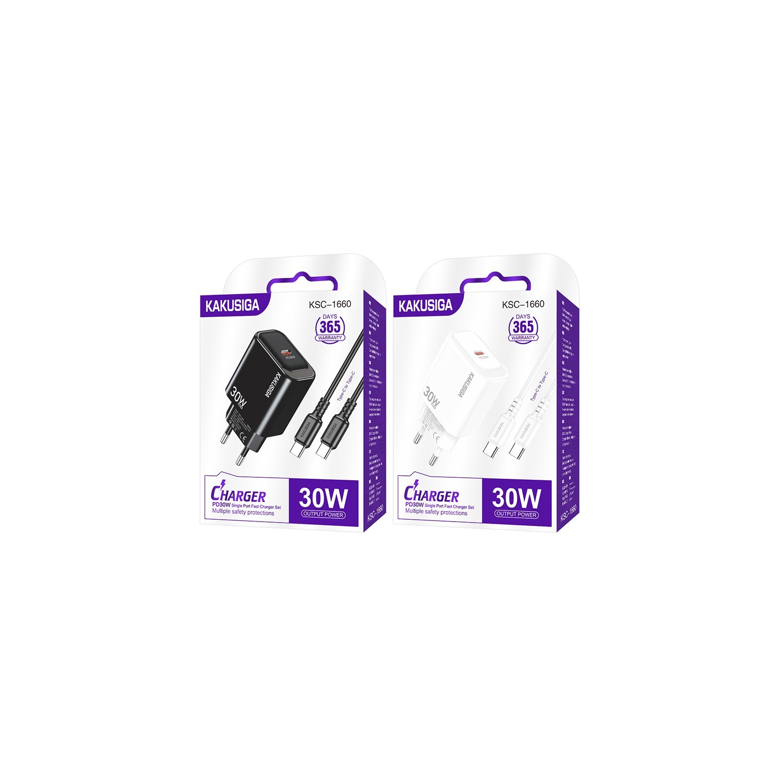 KAKUSIGA KSC-1660 - CHARGEUR SECTEUR QUICK CHARGE & POWER DELIVERY 30W + CÂBLE DOUBLE USB-C BLANC