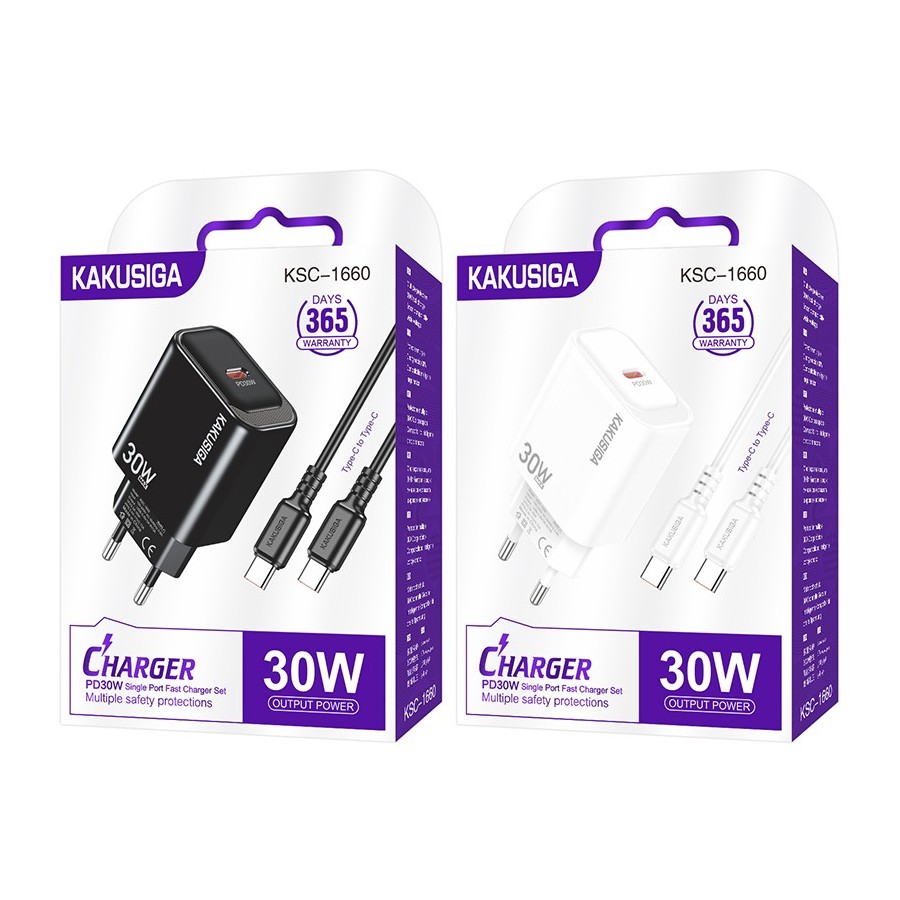 KAKUSIGA KSC-1660 - CHARGEUR SECTEUR QUICK CHARGE & POWER DELIVERY 30W + CÂBLE DOUBLE USB-C BLANC