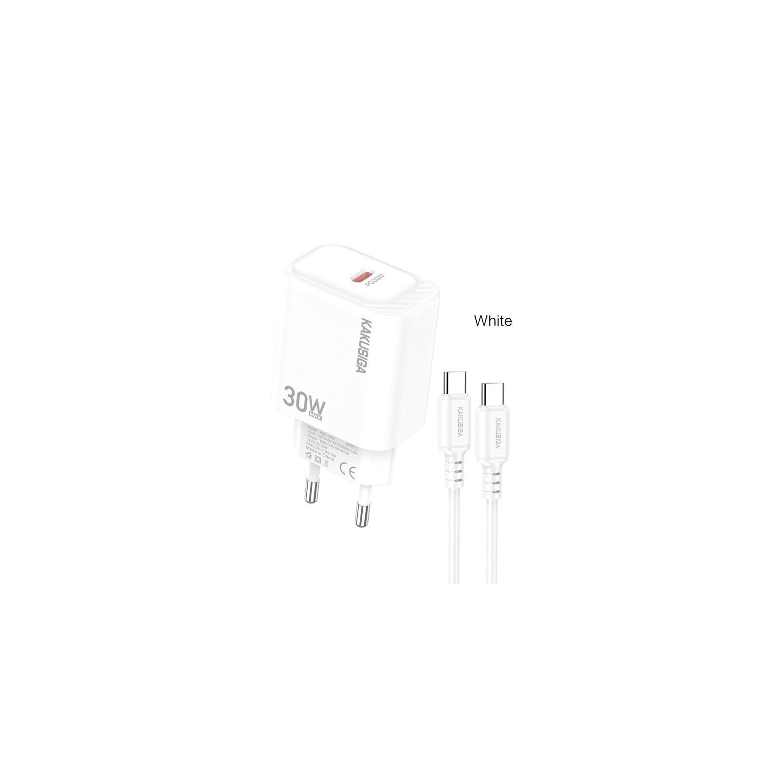 KAKUSIGA KSC-1660 - CHARGEUR SECTEUR QUICK CHARGE & POWER DELIVERY 30W + CÂBLE DOUBLE USB-C BLANC