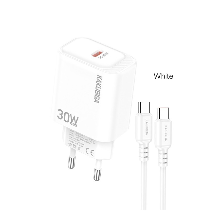 KAKUSIGA KSC-1660 - CHARGEUR SECTEUR QUICK CHARGE & POWER DELIVERY 30W + CÂBLE DOUBLE USB-C BLANC