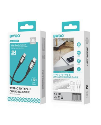 CÂBLE NYLON USB-C VERS C - BWOO BO-X288C-C - PD 60W 2M NOIR