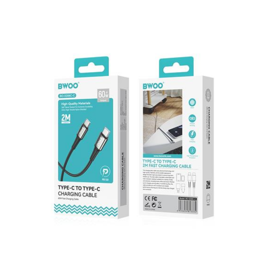 CÂBLE NYLON USB-C VERS C - BWOO BO-X288C-C - PD 60W 2M NOIR