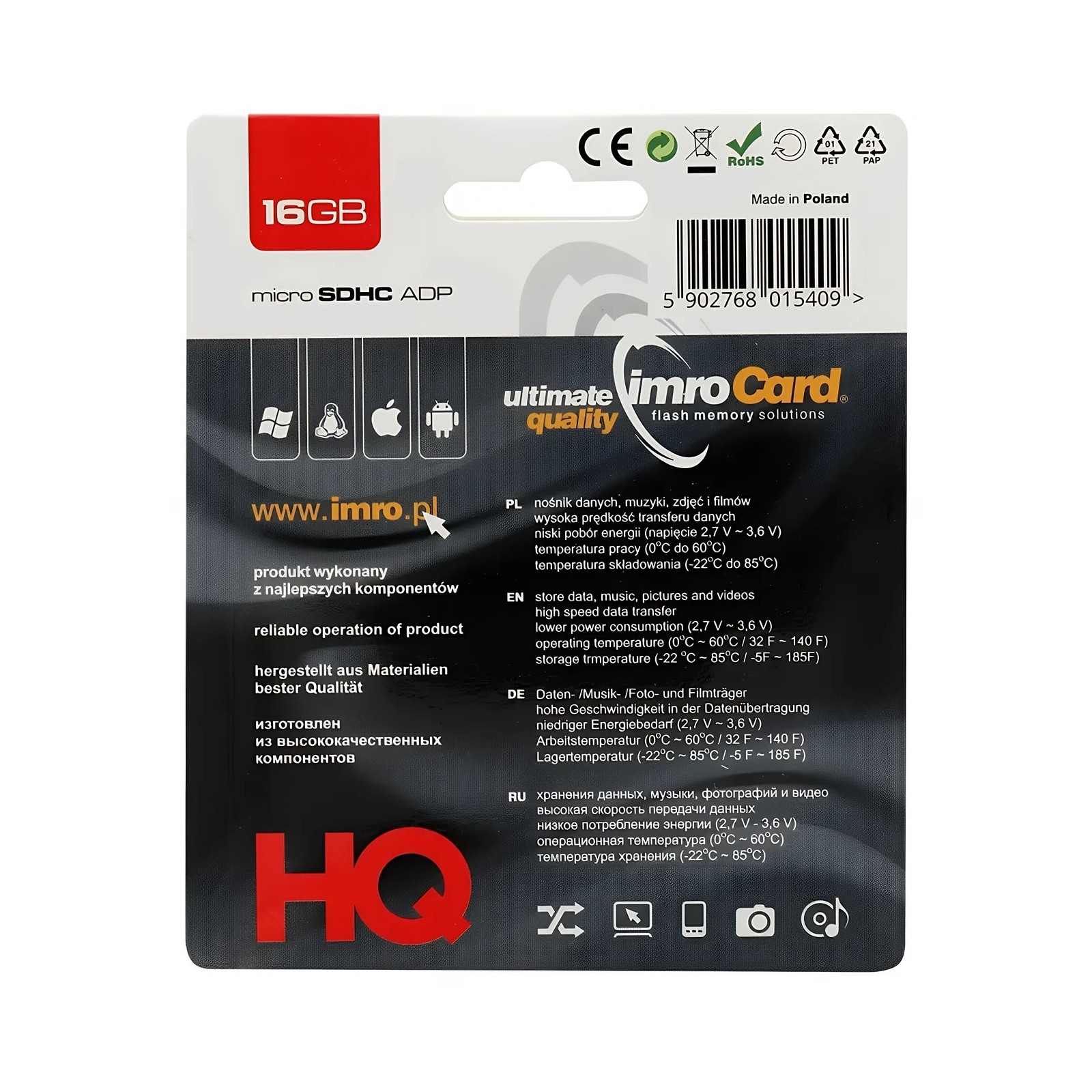 CARTE MÉMOIRE MICROSD IMROCARD + ADAPTATEUR SD - CLASS 10 - 16GO NOIR