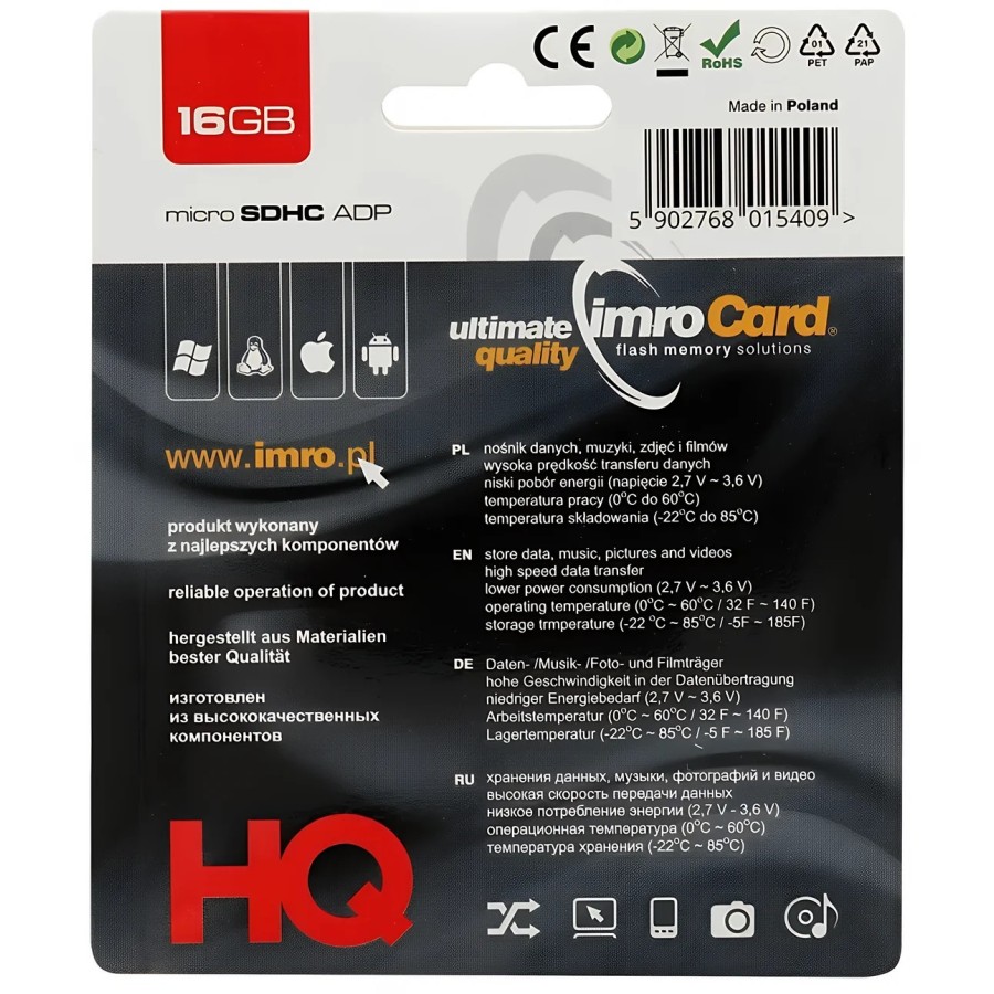 CARTE MÉMOIRE MICROSD IMROCARD + ADAPTATEUR SD - CLASS 10 - 16GO NOIR